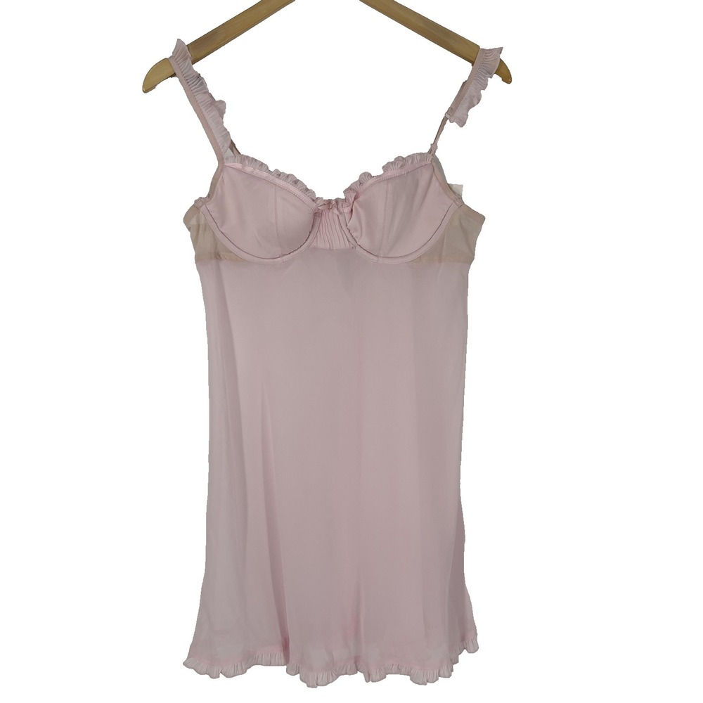 Flora Nikrooz  Womens Mini Gown L‎ Pink Chiffon Babydoll Ruffle Hem Bow Lingerie